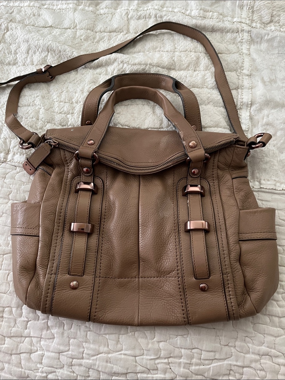 b. makowsky Taupe-Brown Leather Convertible Satchel